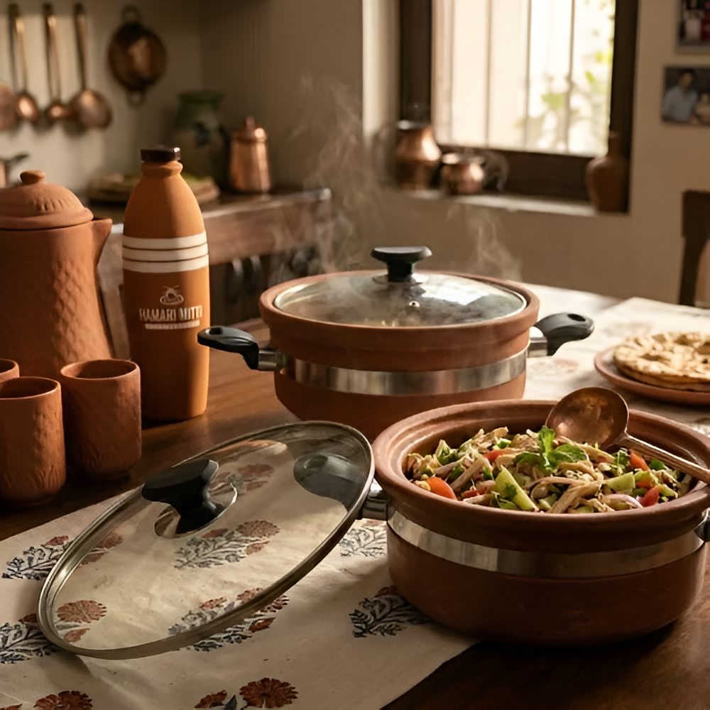 Ceramic pots on a table with food and a bottle in a kitchen setting