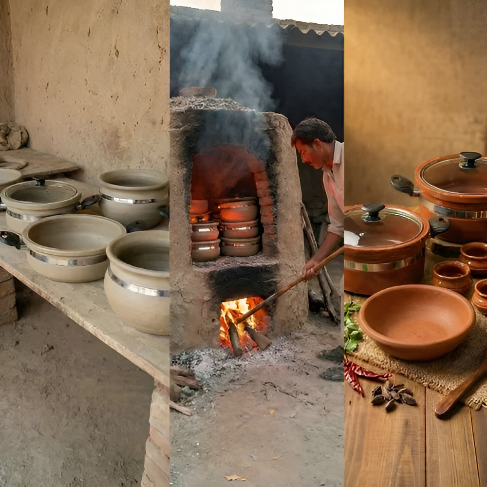 Collage of a potter working with clay pots in a traditional setting.