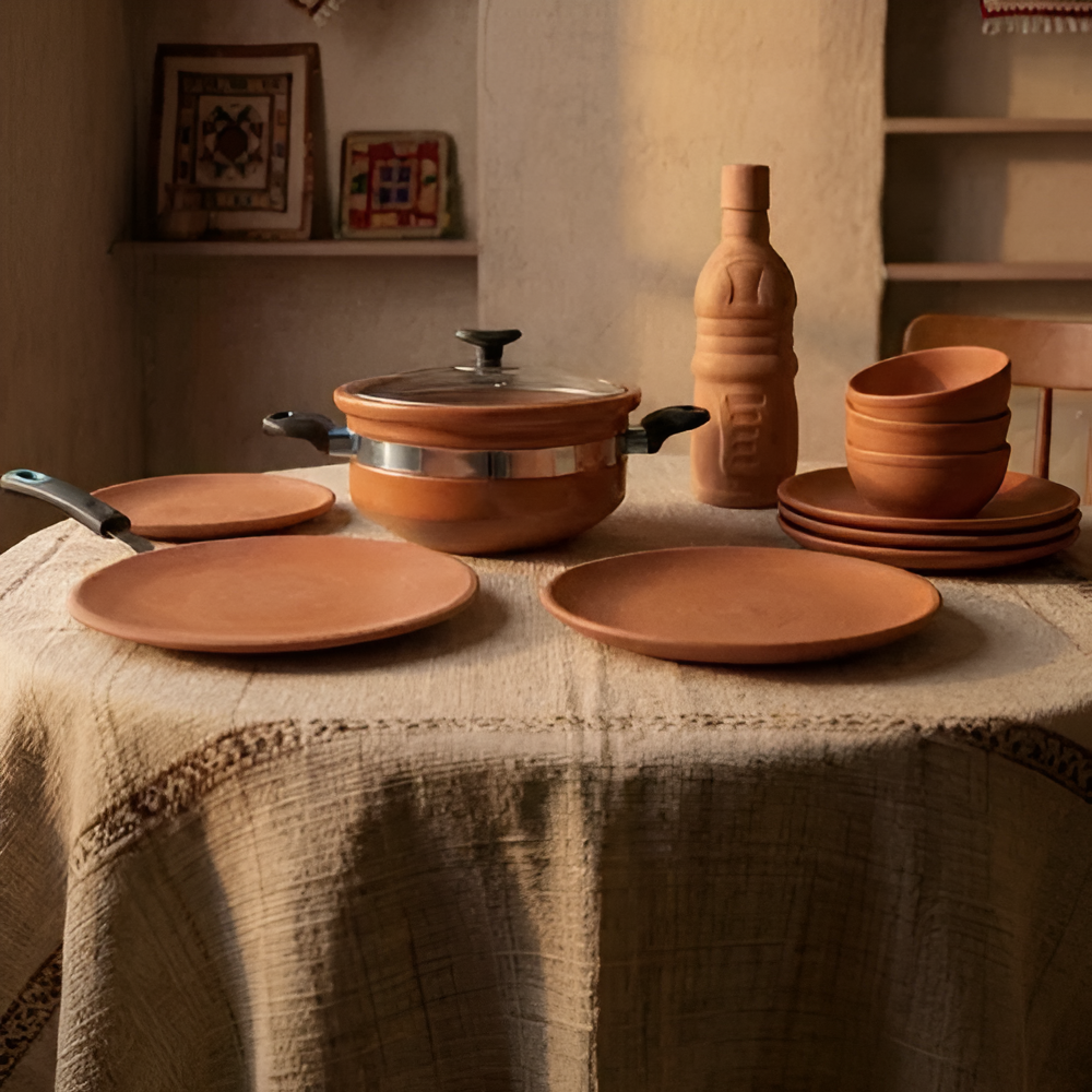 Set of terracotta cookware and tableware on a textured tablecloth.