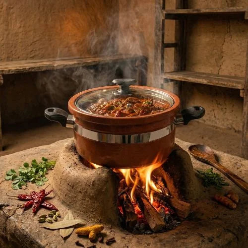 Ceramic pot with food on a rustic stove with flames
