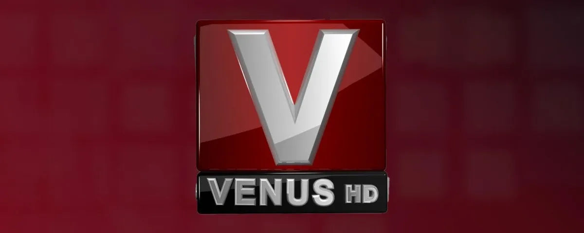 Logo of Venus HD channel featuring a large metallic letter V on a glossy red square background with the text “VENUS HD” below.