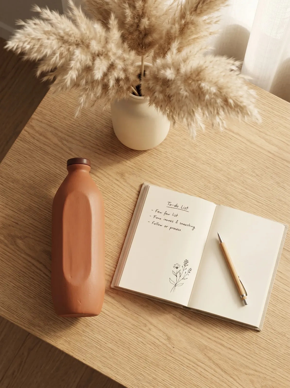Terracotta bottle, notebook with pen, and potted plant on a wooden surface