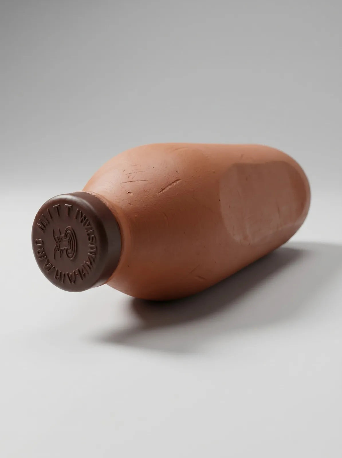 Terracotta-colored bottle with a brown cap on a light gray background
