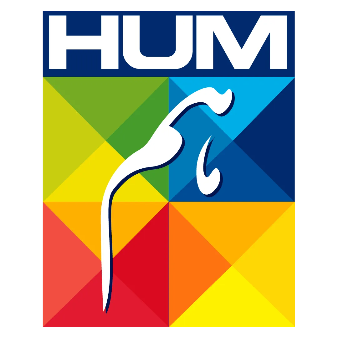 Colorful logo with the word 'HUM' and a stylized figure on a geometric background