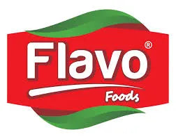 Flavo Foods logo with a red background and green accents