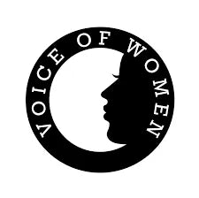 Black circular logo with the text “Voice of Women” surrounding the silhouette of a woman’s face in profile.